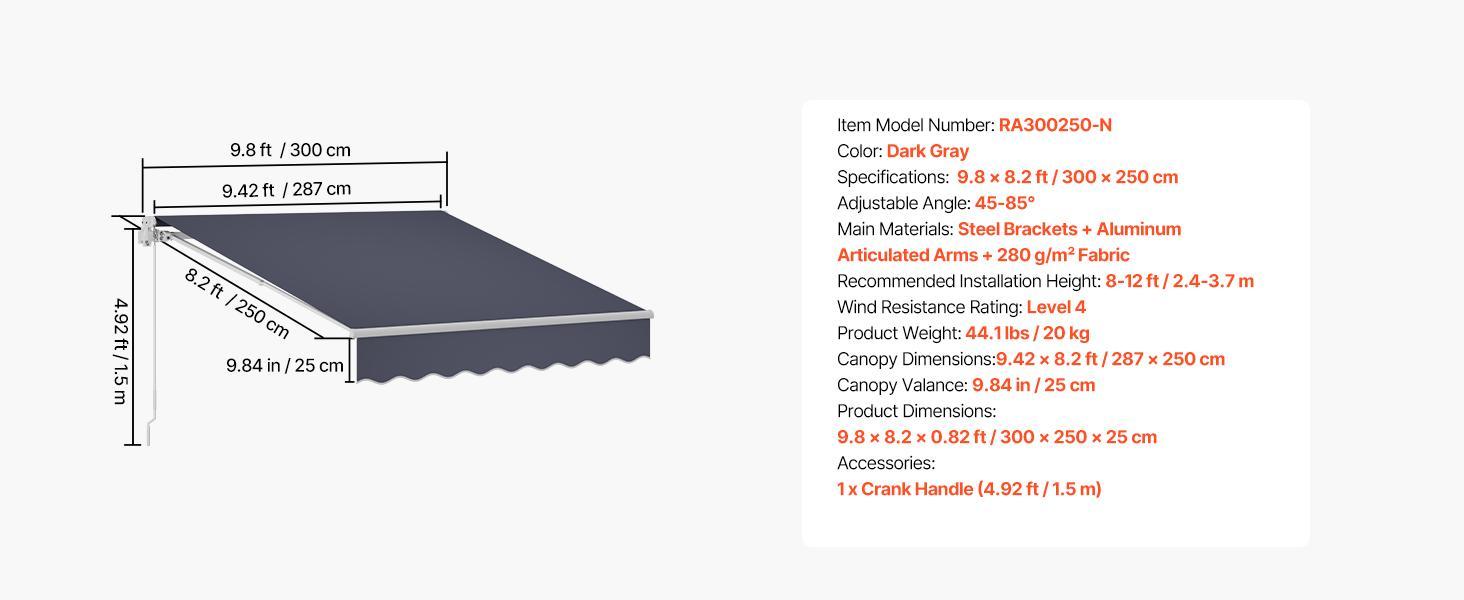 VEVOR Manual Retractable Awning, 9.8' x 8.2' Outdoor Patio Awning Retractable Sun Shade, Patio Door Window Water-Resistant Polyester Sunshade Shelter with Crank Handle for Deck, Balcony, Yard, Gray VEVOR Manual Retractable Awning, 9.8' x 8.2' Outdoor Patio Awning Retractable Sun Shade, Patio Door Window Water-Resistant Polyester Sunshade Shelter with Crank Handle for Deck, Balcony, Yard, Gray