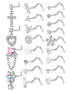 Rhinestone Decorated L-shaped Nose Rings, Spiral Nose Ring, Heart & Cross & Butterfly & Flower Design Nose Studs, Body Piercing Charm Jewelry for Women & Men, Nose Ring Jewelry, Septum Jewelry, Nose Piercings Kit