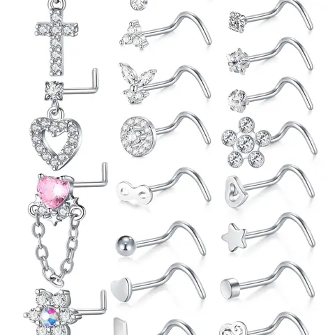 Rhinestone Decorated L-shaped Nose Rings, Heart & Cross & Butterfly & Flower Design Nose Studs, Body Piercing Charm Jewelry for Women & Men, Nose Ring Jewelry, Septum Jewelry, Nose Piercings Kit, Nose Rings Set