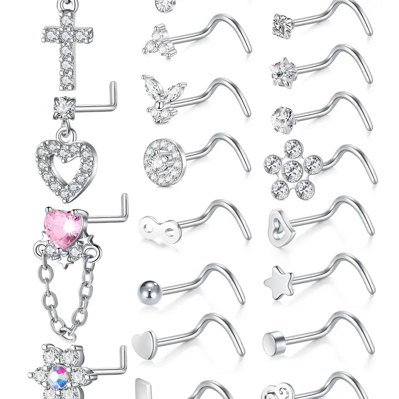 Rhinestone Decorated L-shaped Nose Rings, Heart & Cross & Butterfly & Flower Design Nose Studs, Body Piercing Charm Jewelry for Women & Men, Nose Ring Jewelry, Septum Jewelry, Nose Piercings Kit, Nose Rings Set