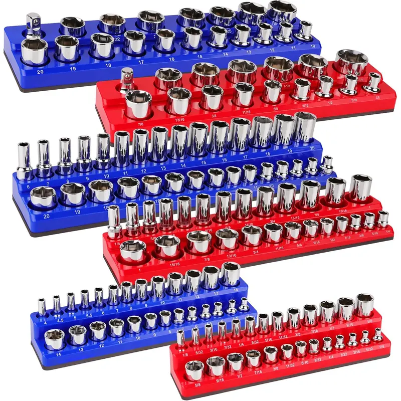 Magnetic Socket Organizer, 6 Piece Socket Holder Kit, 1/2-inch, 3/8-inch, 1/4-inch Drive, Holds 143 SAE&Metric Sockets, Red & Blue, Professional Quality Tools Organizer Hardware Heavy Duty #TikTokShopBlackFriday