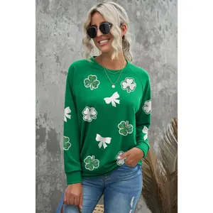 Green Sequin Bow Clover Graphic Pullover Sweatshirt