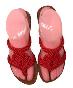 RW509 - Handmade Red Macramé Sandals – Haitian Leather Flats | Boho Summer Beach Shoes