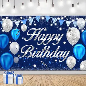 Happy Birthday Banner Birthday Decorations for Men Women Boys Girls Blue Sliver Birthday Party Background Sign Theme Party Decorations Indoor Outdoor