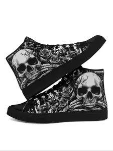 Men's Fashionable Skull Print High Top Sneakers, Casual Comfortable Breathable Sports Shoes, Male All-match Round Toe Shoes for Daily Wear, Trainer, Daily Street Shoes