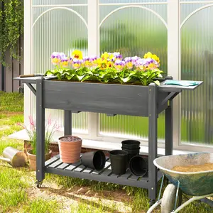 Wood Raised Planter Box Elevated Garden Bed with Lockable Wheels Side Tables Bottom Shelf Drain Holes Gray 57" W x 20.5" D x 34" H Varnished Solid Fir Wood Construction