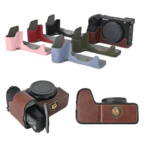 A6700 Litchi Skin PU Leather Camera Half Case for Sony A6700 Bottom Opening Magnetic Cover