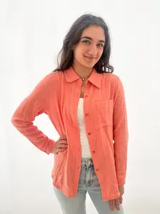 Women's Coral Cotton Gauze Long Sleeve Basic Button-Up Top - Casual, Lightweight Blouse for Daily Wear