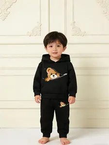 Spring Autumn Baby Boys Cartoon Print Fleece Hoodie and Pants Set, Casual Two-Piece, Comfortable and Stylish