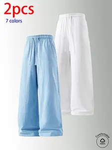2-pack men’s pure cotton long pants: loose straight casual pants and sweatpants, featuring a drawstring waistband design. Available in multiple colors. Suitable for home lounging, daily commuting, outdoor walks, short trips, camping, and other casual acti