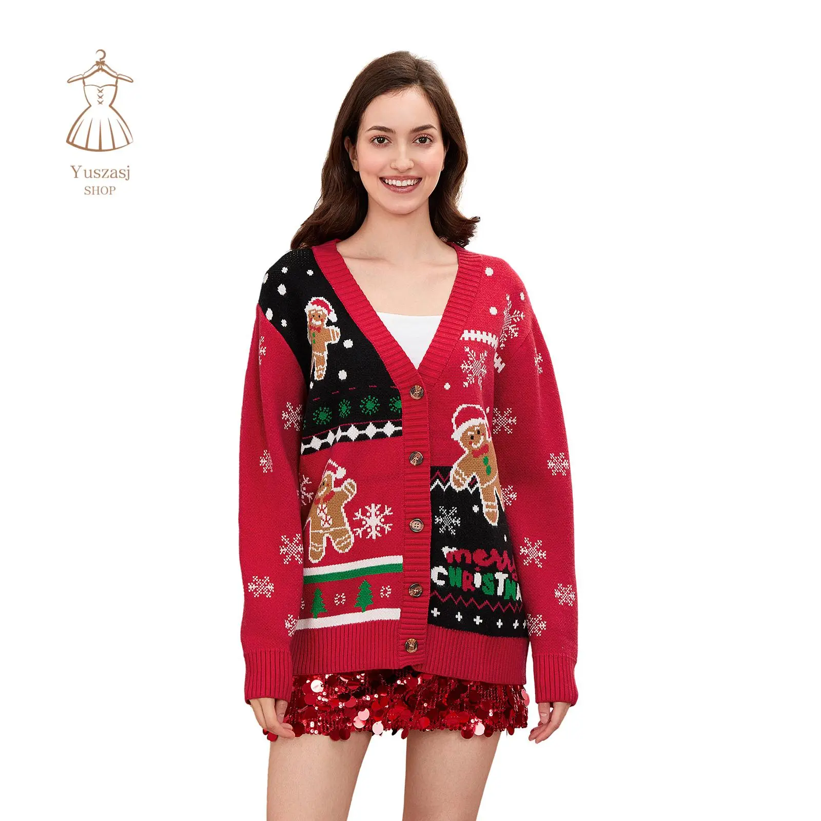 Women's Christmas Cardigan Sweaters Gingerbread Men Pattern Ribbed Trim Button Down V-Neck Long Sleeve Casual Knit Tops