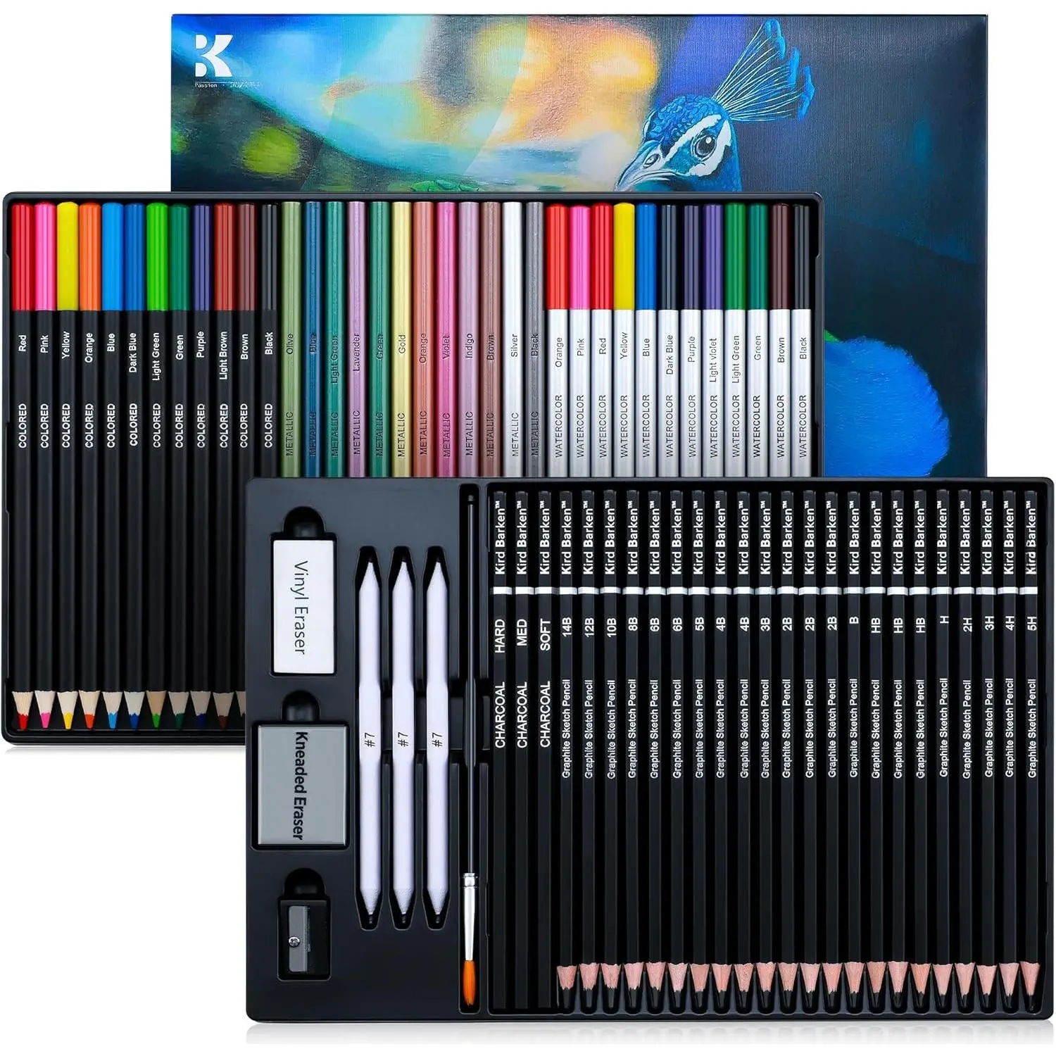 70-Count Professional Art Drawing Set with Tray, Levels, Tutorial, Back-to-School Supplies, 5H-14B Graphite, Charcoal, 12 Colored Pencils (Oil, Metallic, Water-Soluble), Shimmer Pencils, 1 Watercolor Brush for Artists (Ideal for Birthdays)