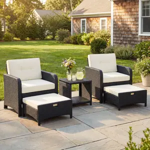 【2 Packages】Costoffs 5-Piece Outdoor Patio Furniture Set: Wicker chairs & Ottomans with Side Table - for Backyard, Porch & Garden,summervibes