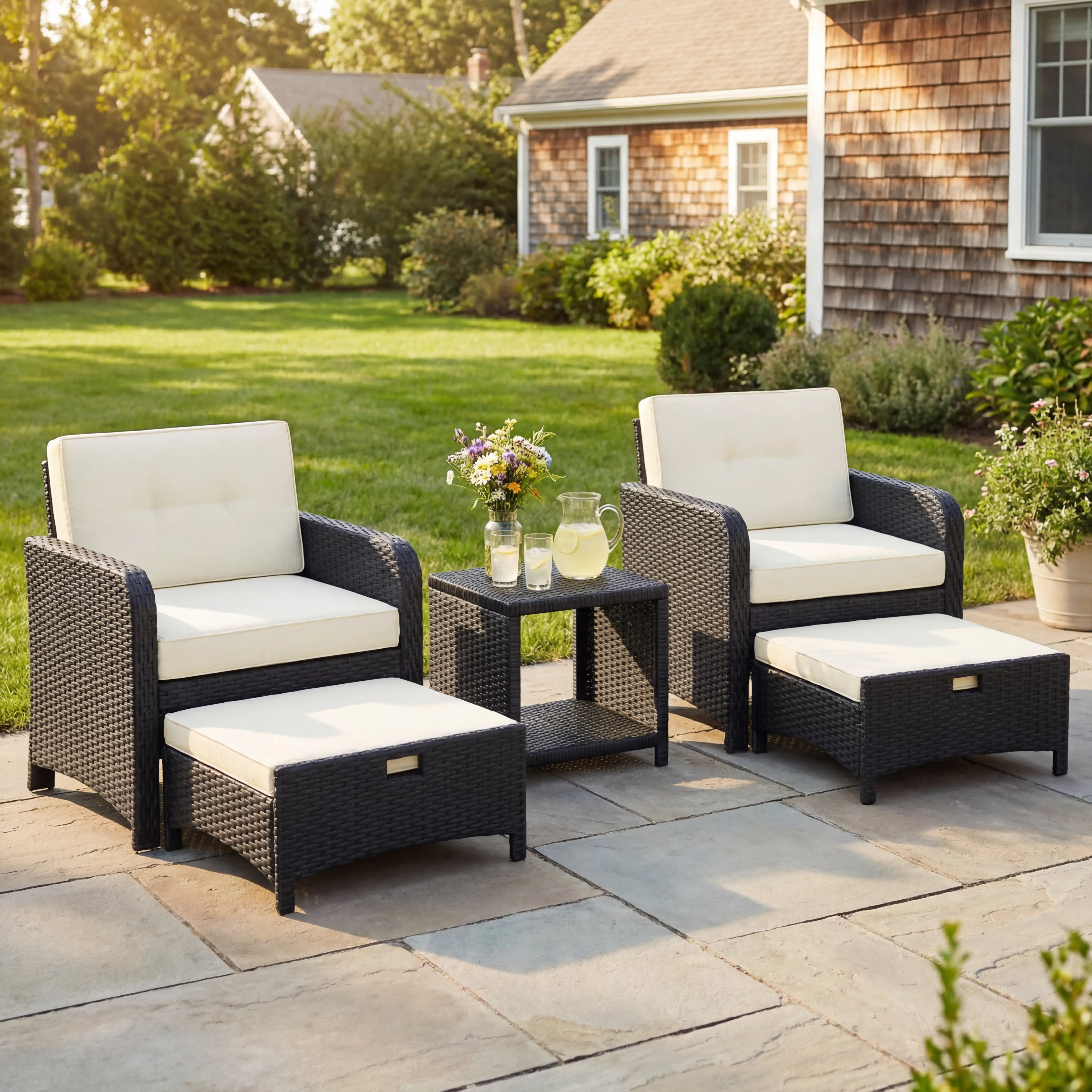 【2 Packages】Costoffs 5-Piece Outdoor Patio Furniture Set: Wicker chairs & Ottomans with Side Table - for Backyard, Porch & Garden,outdoorfurnitureset