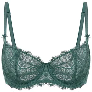 DOBREVA Women's Balconette Sexy Unlined Bra Lace Push Up Plus Size Bras See Through Underwire