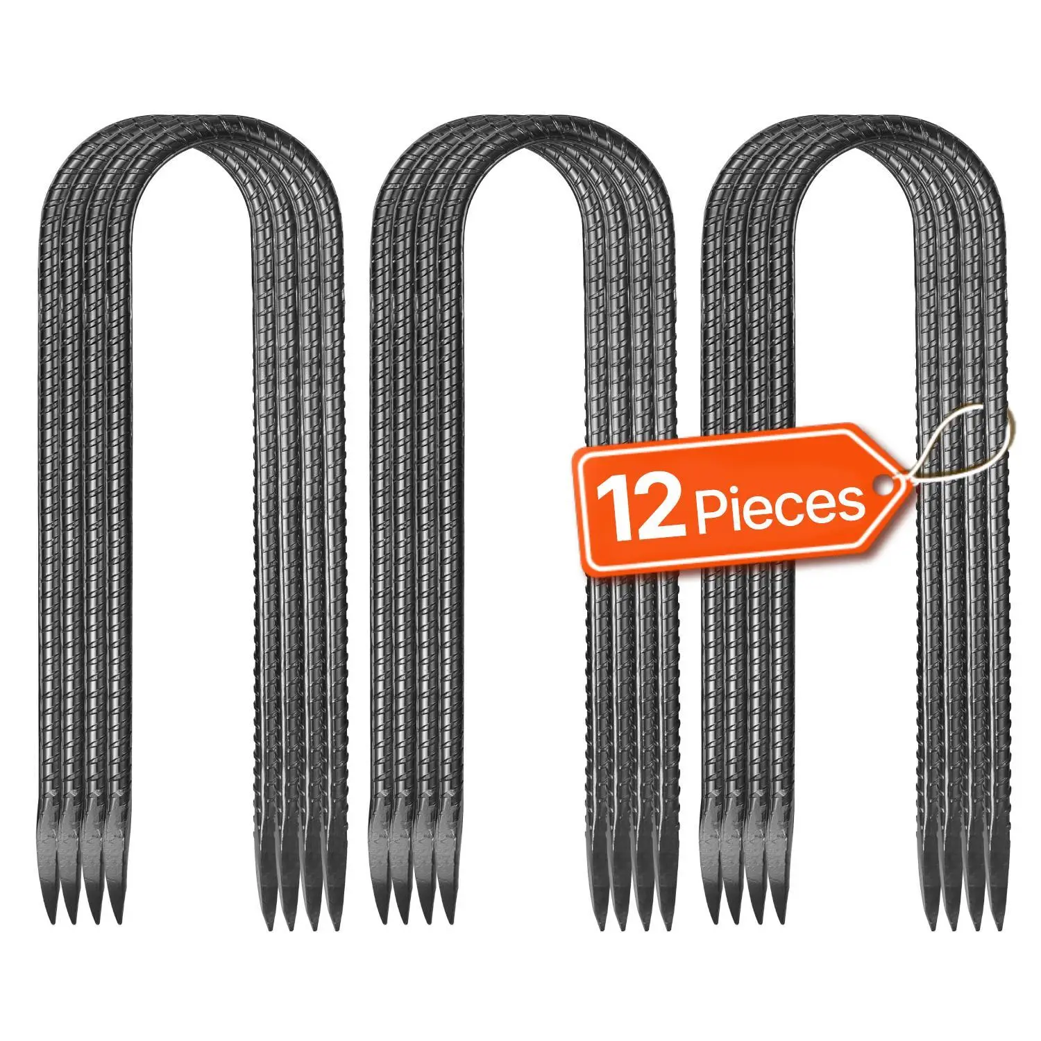 【SummerFinds】VEVOR 12-Piece Galvanized Steel U-Shaped Rebar Stakes, 10-in Heavy-Duty 0.32-in Diameter Rust-Resistant Black Electrophoretic Coating Ground Anchors with Chisel Point End for Tents, Camping, Deeper Anchoring