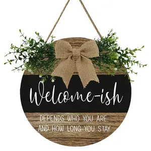 Welcome Wreath Round Wooden Sign, Funny Hanging Wooden Plaque Decoration, Rustic Farmhouse Design, Rustic Wood Farmhouse Porch Decor for Home Front Door Decor
