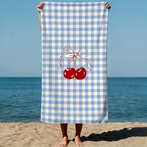 Coquette Vintage Cherry Ribbon Beach Towel | Blue gingham microfiber sand-free towel for summer vacation