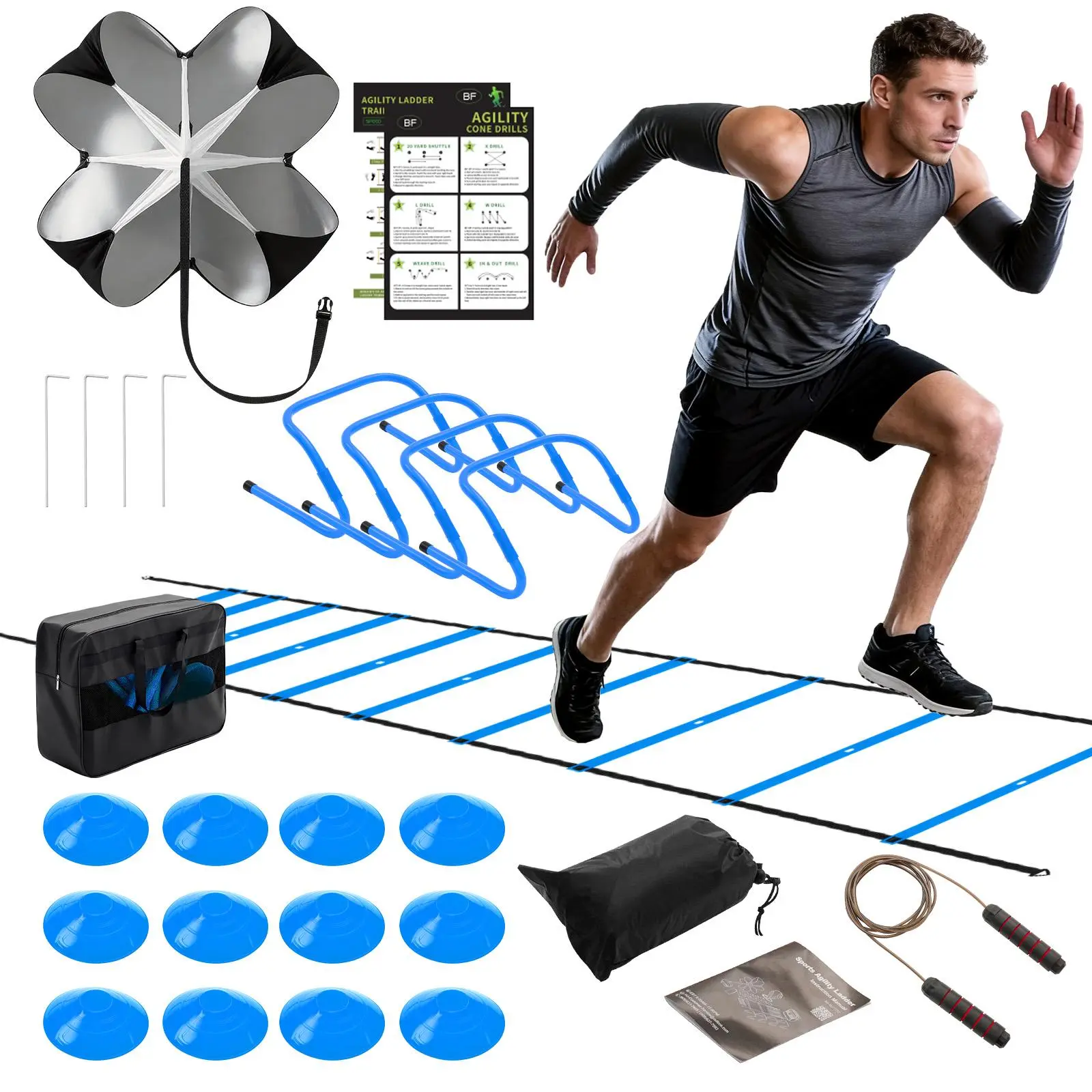 Sweetcrispy Agility Training Equipment Set for Kids, Youth, and Adults - Functional Fitness Kit for Soccer & Basketball with 20ft Speed Ladder, 12 Cones, 4 Hurdles, Resistance Parachute, and Jump Rope, Functional Fitness Equipment