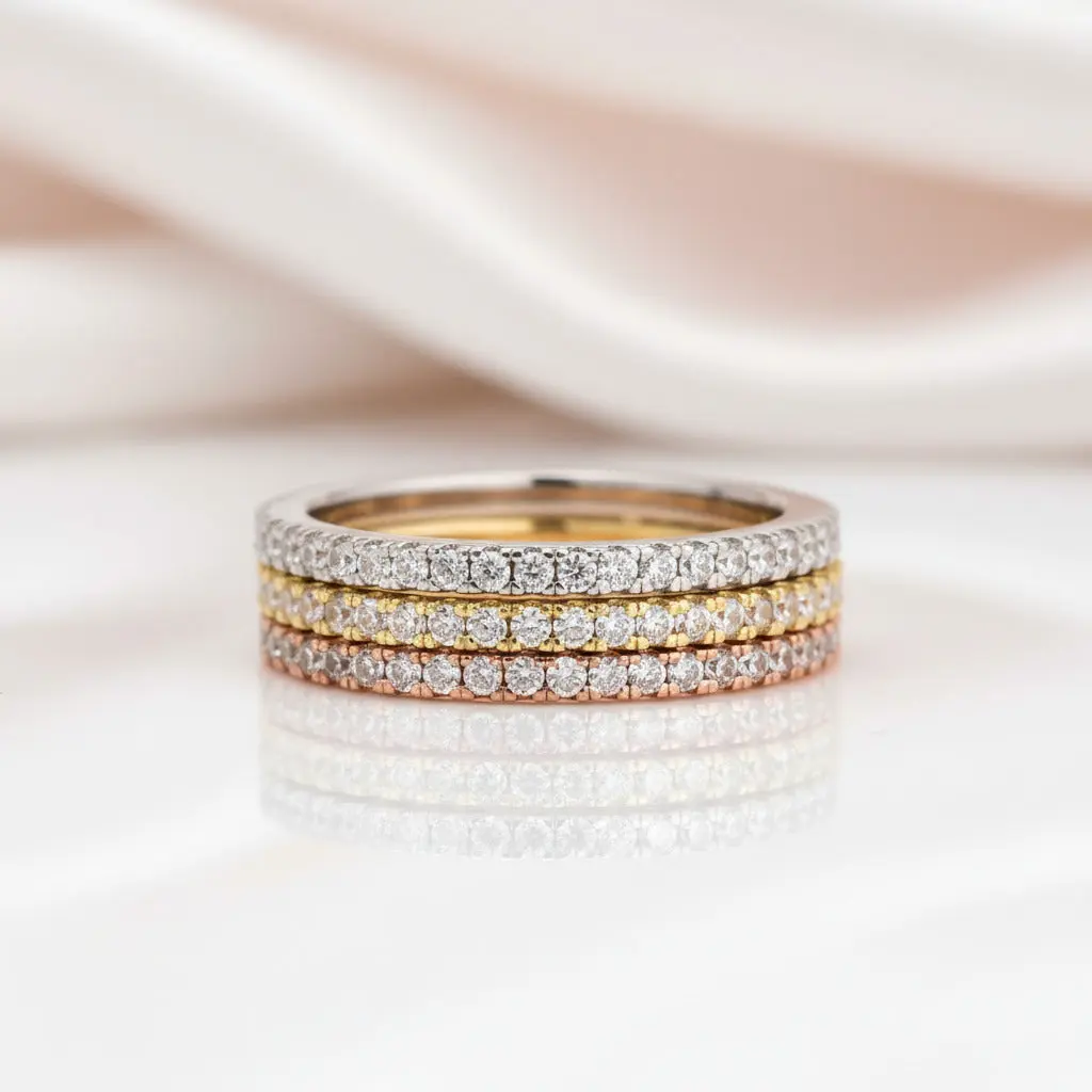 2 Tone Full Eternity 3PC Stackable Wedding Band Set
