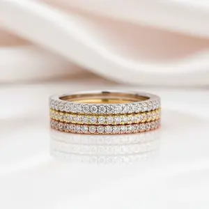 2 Tone Full Eternity 3PC Stackable Wedding Band Set