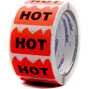 2 x 1.25 Inch Fluorescent Red Orange Hot Stickers, Caution Hot Sticker, 500 Hot Rave Stickers per Roll
