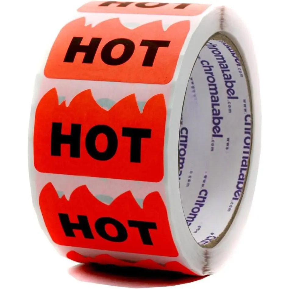 2 x 1.25 Inch Fluorescent Red Orange Hot Stickers, Caution Hot Sticker, 500 Hot Rave Stickers per Roll