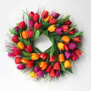 Front Door Tulip Wreath — 18-Inch All-Season Red Tulip & Green Leaf Wreath. Suitable for Windows, Walls, Weddings, Holiday Parties, and Rustic-Style Decor. Ideal for Both Indoor and Outdoor Use. A Perfect Mother's Day Gift.