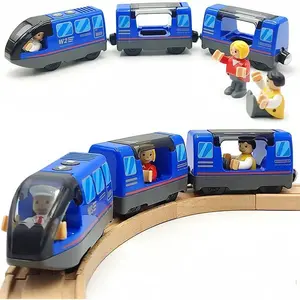 Battery Operated Wooden Train Track Set Toy High Speed with Magnetic Couplings City Vehicle & Figures for 3-5 Years Old Toddlers Boys Kids