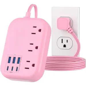 SQ-PSP004 6 USB(3 USB C) Pink Power Strip- 5Ft Pink Extension Cord with 6 USB Charging Station 24W/4.8A and 3 Outlets, Pink Desk Accessories for Cruise Travel Pink Cute Kawaii College Dorm Desk Home Essentials