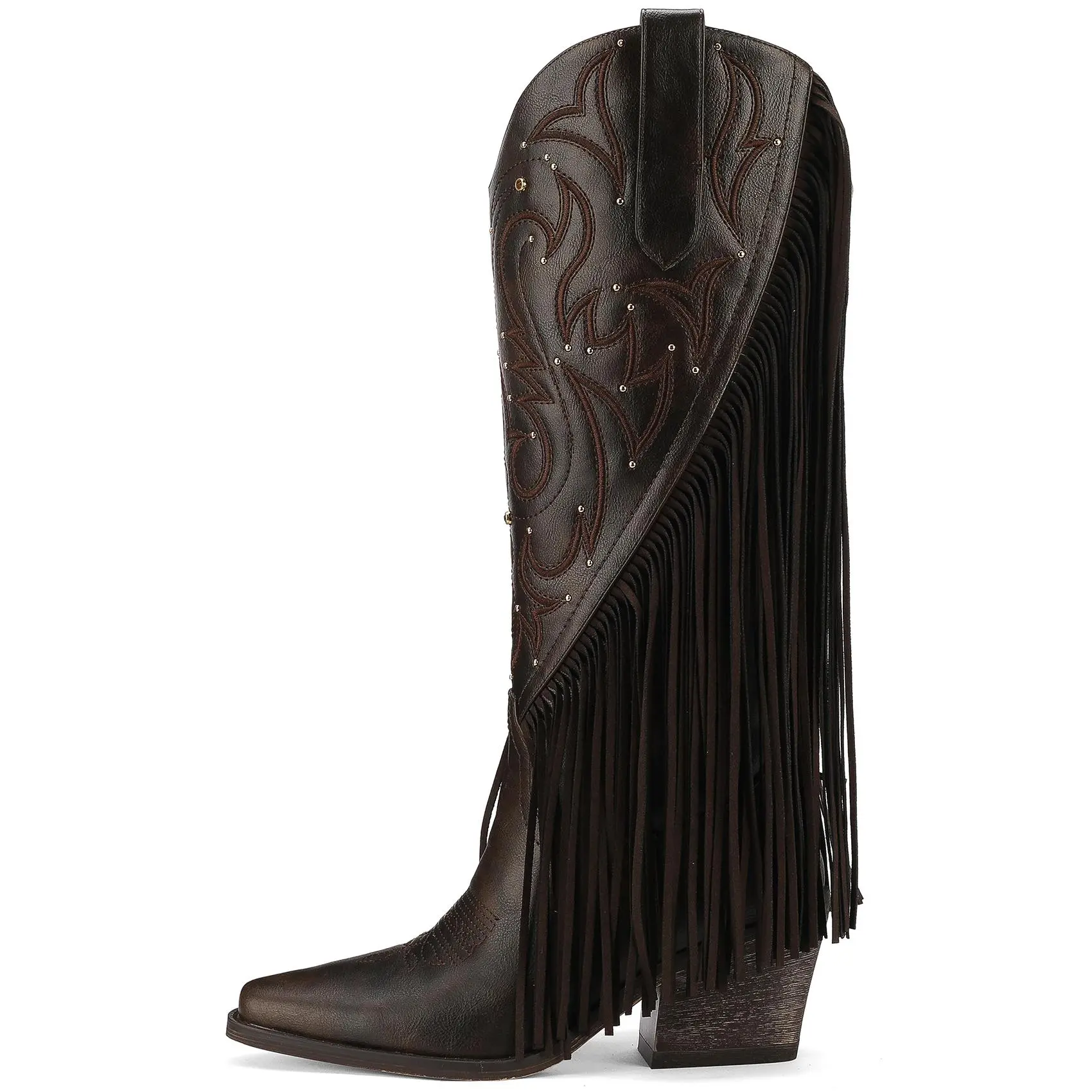 ReneChristine Fringe Cowboy Boots for Women Wide Calf Cowgirl Boot Embroidered Western Square Toe 2.76" Chunky Heel with Studs Pull On Knee High Mid Calf Bootie Retro Fall Fashion Shoes
