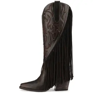 Rogerdream Fringe Cowboy Boots for Women Wide Calf Cowgirl Boot Embroidered Western Square Toe 2.76" Chunky Heel with Studs Pull On Knee High Mid Calf Bootie Retro Fall Fashion Shoes