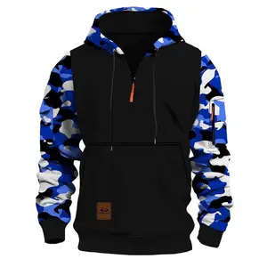 Men’s regular-fit camo print zip-up hoodie, casual long-sleeve hooded sweatshirt for fall and winter, men’s clothing for daily wear, tops