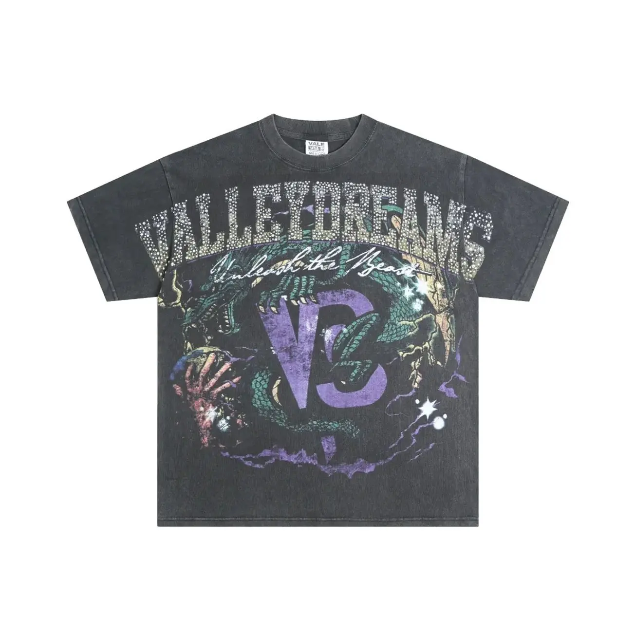 Hip Hop Trapstar Y2K Vale Dreams Rhinestone T-Shirt, Vintage Washed Heavyweight Cotton Oversized Drop Shoulder Short Sleeve Top for Men Women, Casual Night Club Outfit 296