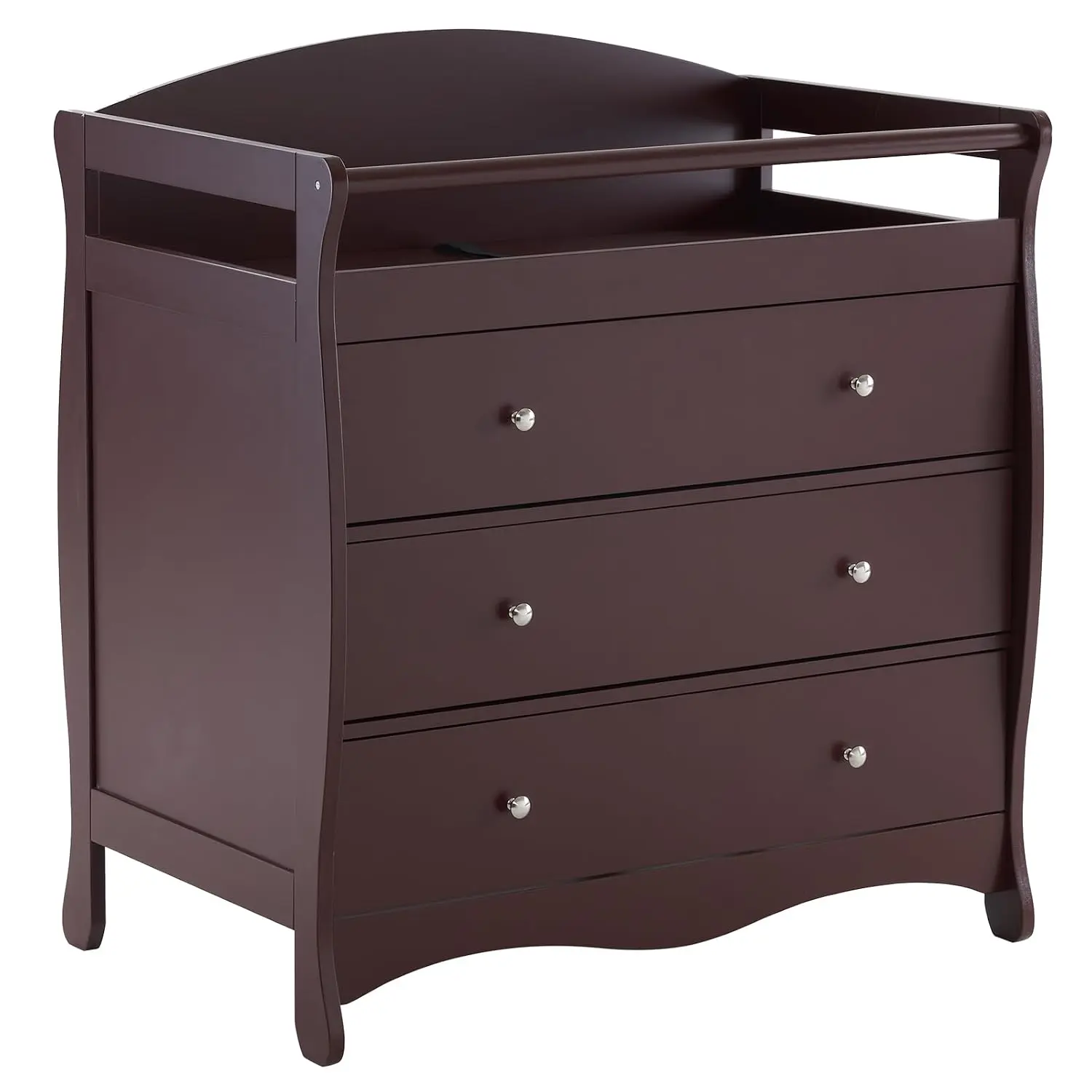 JOYMOR Baby Wood Frame Changing Table Dresser, Infant Diaper Changing Station with 3 Drawers, Safety Rail & Strap for Bedroom, Nursery (Brown), Dresser Table