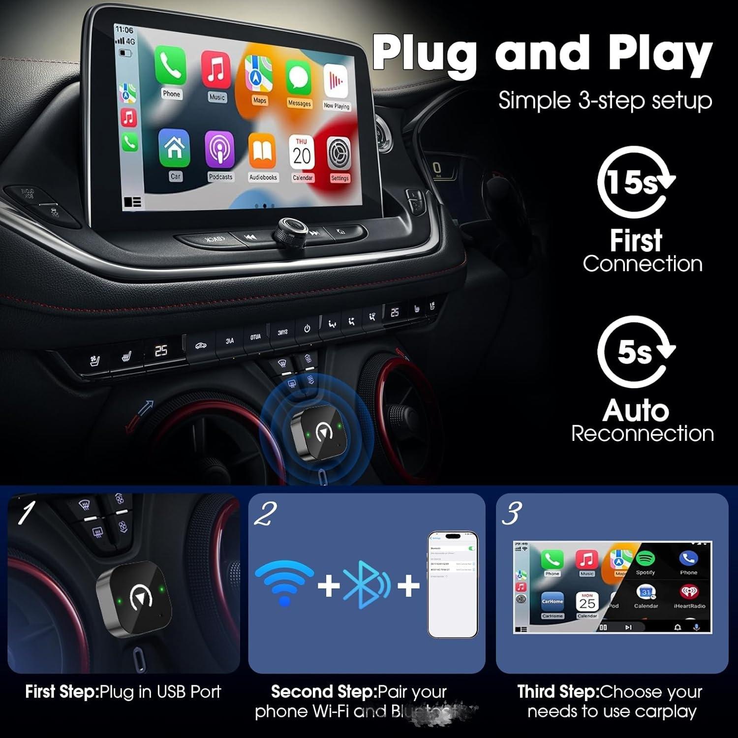 Version Wireless CarPlay Adapter for Portable In-Car Display, 2-in-1 Wireless CarPlay and Android Auto for Seamless Smart Navigation and Entertainment
