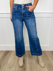 Risen Clarissa High-Rise Double Button Wide Leg Cropped Medium Wash Blue Jeans