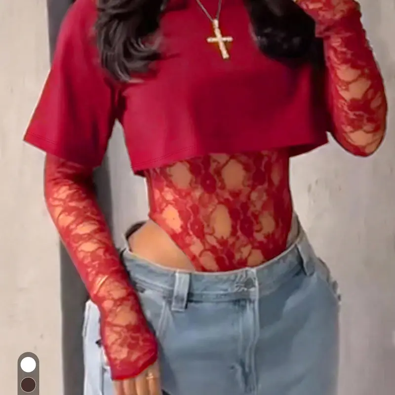 Solid Color Short Sleeve Crop Tee & Sheer Lace Bodysuit 2-Piece Set, Slim Fit Sexy Clubwear for Nightlife, Women's Fashion Two-Piece Womenswear