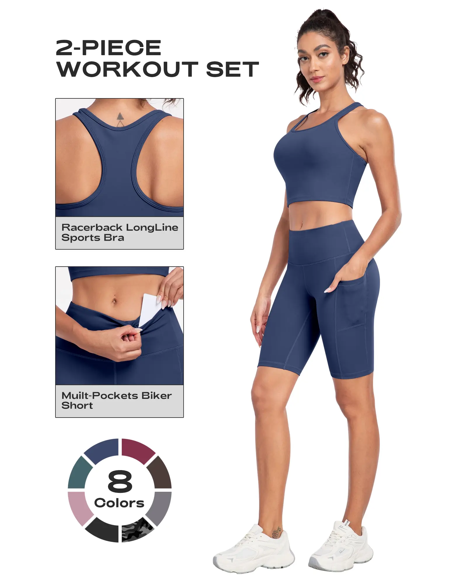 【New model for 2026】NORMOV 2-Piece Workout Set Racerback Longline Sports Bra High Support Tummy Control Biker Shorts with Hidden & Side Pockets for Gym Running Training instant active charm Waisted Pleated Quick Dry Leggings geneva Spring Sportswear, Athl