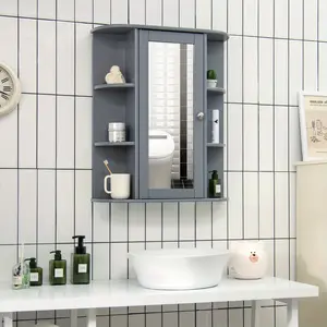 New LIFEZEAL Bathroom Cabinet Single Door Shelves Wall Mount Cabinet W/ Mirror Grey