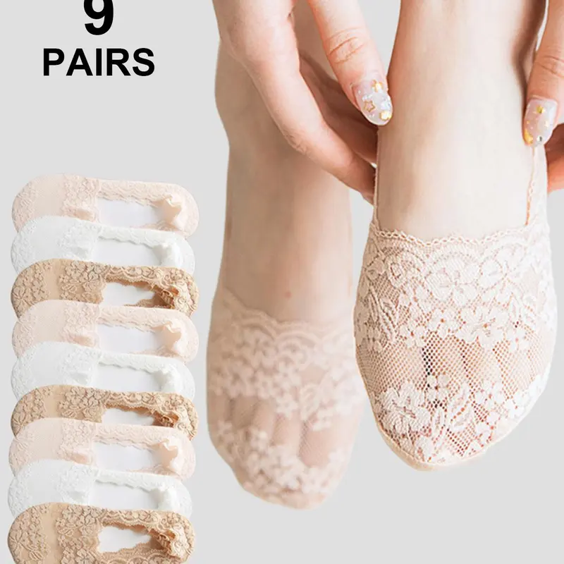 Women's Solid Color Floral Lace Invisible Socks, Breathable Comfortable No Show Socks for Women, Multipack Knit Socks for Daily Wear, Casual Comfy Socks, Lady, Underwear, Casual Stylish Socks, Socks Set