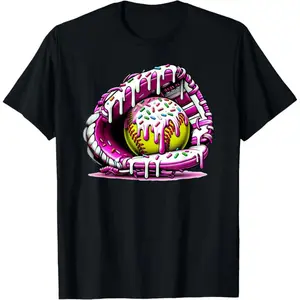 🎉   "Softball Drip" Ice Cream & Softball Glove Graphic Tee, Unisex Short Sleeve T-Shirt, Casual Soft Cotton Top, Trendy Sports Humor Streetwear Shirt for Men & Women, Daily Wear Outfit OOTD