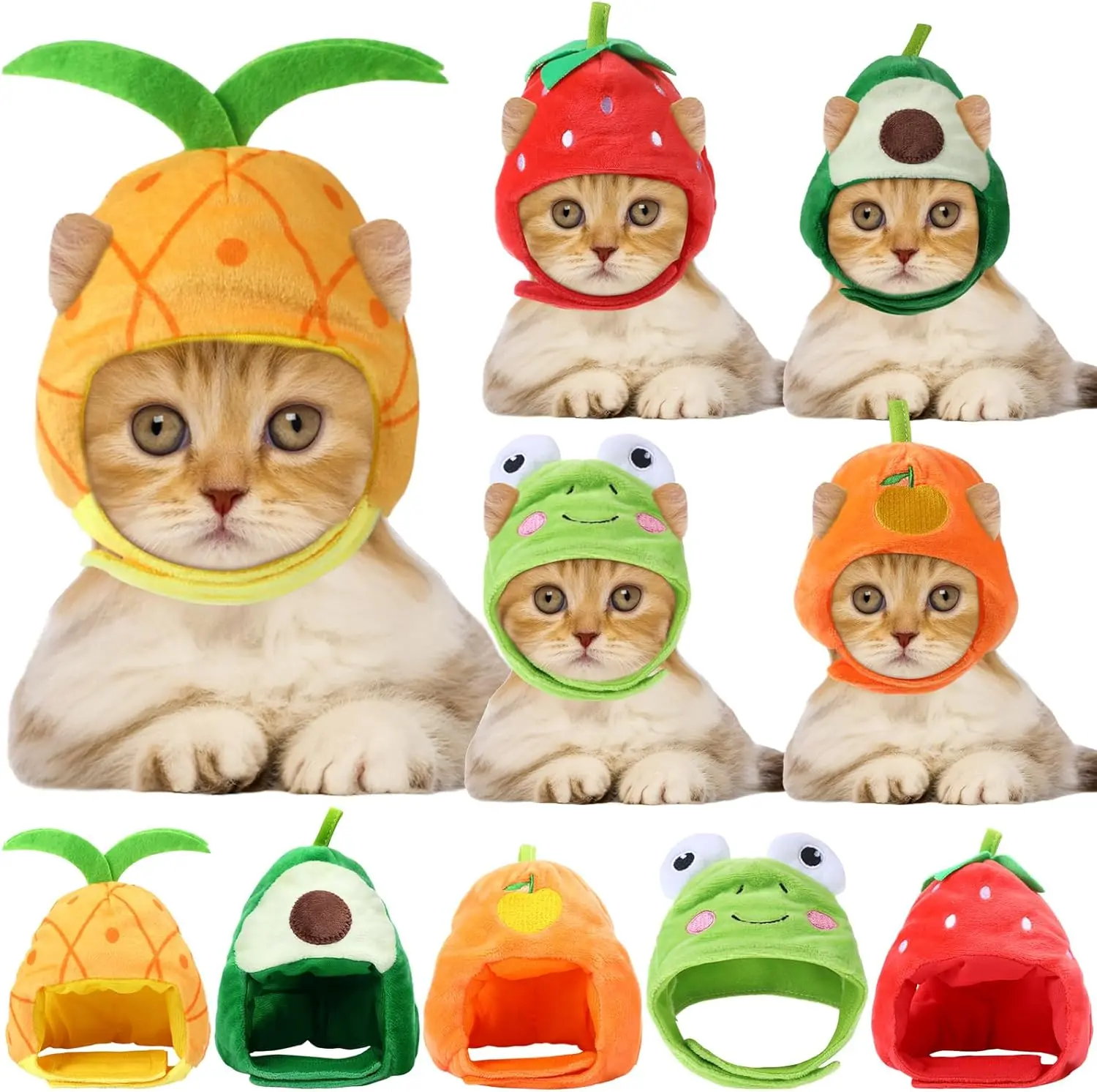 5 Pcs Cat Adorable Costume Bunny Hat with Ears Funny Mane Cat Hat for Pets and Small Dogs Kitten Puppy Party Costume Accessory Headwear(Avocado, Orange, Strawberry, Pineapple, Frog)
