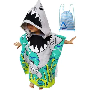 Z-HBA50   Wearable Towel for Kids Toddlers Bath Pool Beach Swim Poncho Cover-ups Swimwear for Little Boys Girls, Shark Theme with Bag