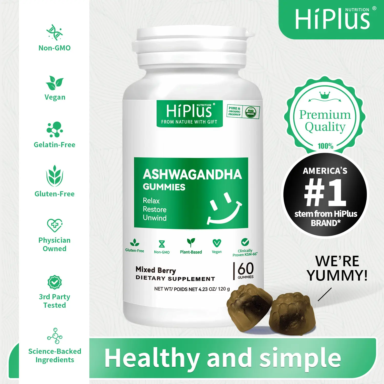 HiPlus Ashwagandha & Vitamin D Gummies | KSM-66 Ashwagandha | Mixed Berry Flavor | Plant-Based, Vegan, Non-GMO, Gluten- & Gelatin-Free | 60 Gummies – Daily Stress Relief, Calm Mood & Immune Support