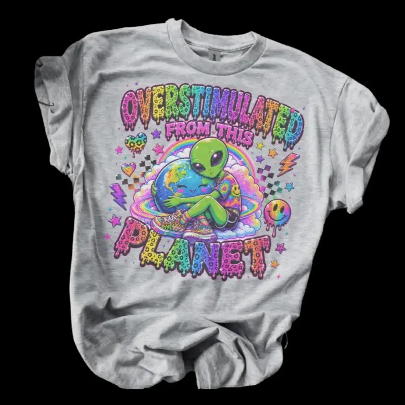 LF Designs - Overstimulated From This Planet Alien  Bleached Shirt Comfy Unisex Jersey Top Casual Vintage Style Short Sleeve Crew Neck Medium Length