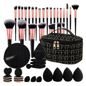 Makeup Pen Set 47 Pieces Kit with Travel Case & Velvet Nylon Bristles, Cosmetic Brush Collection with Sponge Puff Organizer, Lightweight Tools for Women Girls Beginners