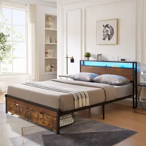 Queen Size Bed Frame with 2 Storage Drawers & Charging Station, Metal Queen Platform Bed Frames with LED Lights and Storage Headboard, No Box Spring Needed, Brown+Black