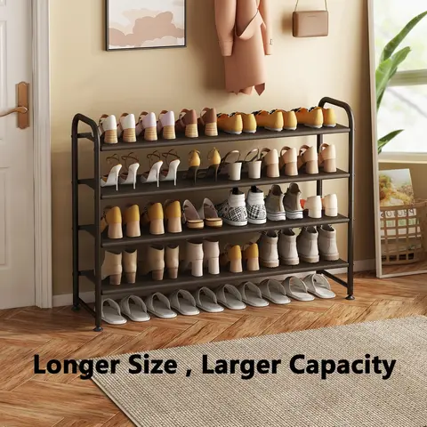 SUOERNUO Adjustable Thick Metal Footwear Organizer - 2/3/4-Tier Stackable Wide Shoe Rack Organiser, 3 Tier-Brown Option, Fabric Layers, 42.71"l x 11.41"w x 24.4"h Rectangle Unit for Closet, Entryway Organization
