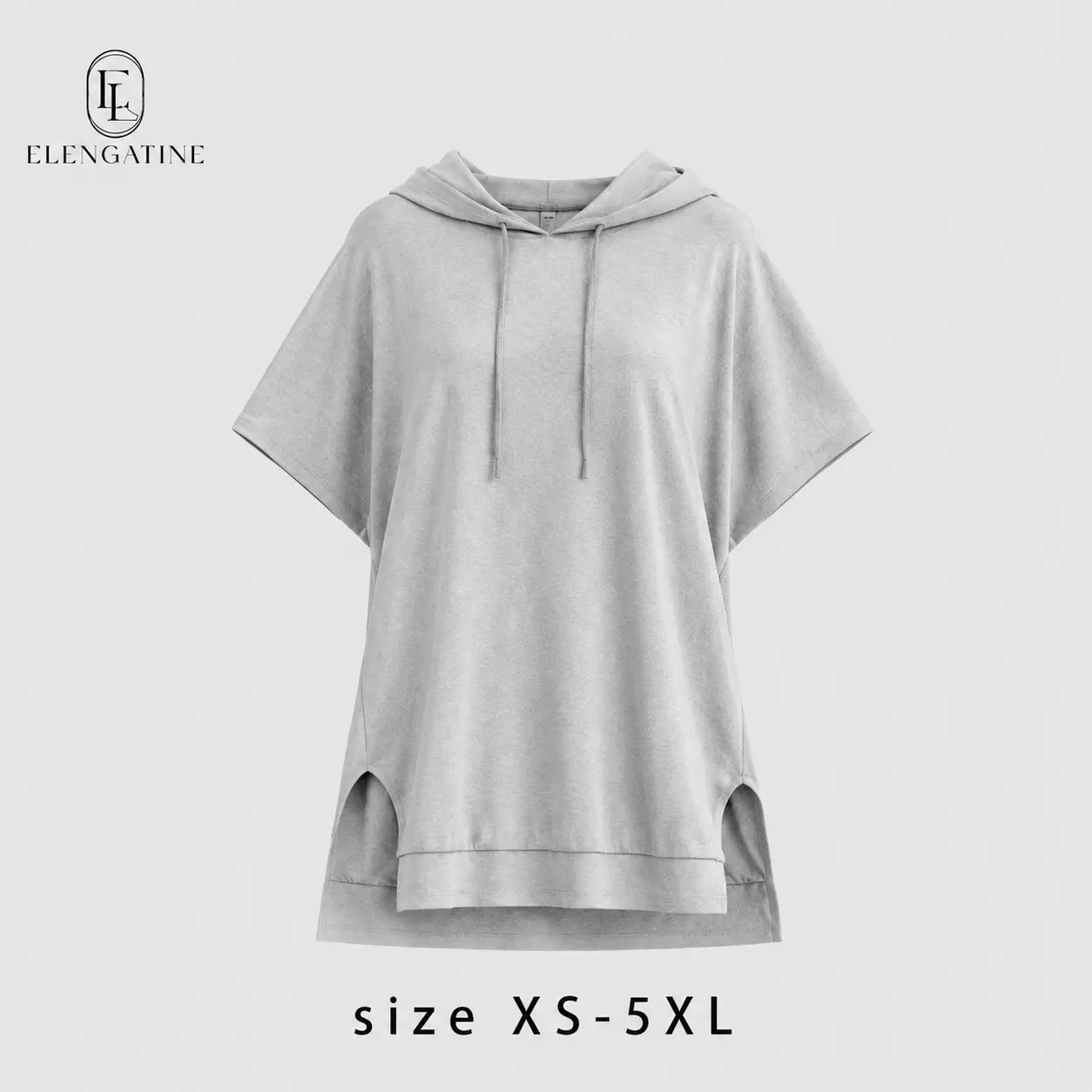 Women's Gray Basic Polyester Baggy Hoodie Top - Lightweight Comfortable Casual Sweatshirt Fabric, Boxy Relaxed Silhouette, Short Dolman Shortsleeve, Longline Tunic with Side Slits, Ideal for Athleisure, Street Style